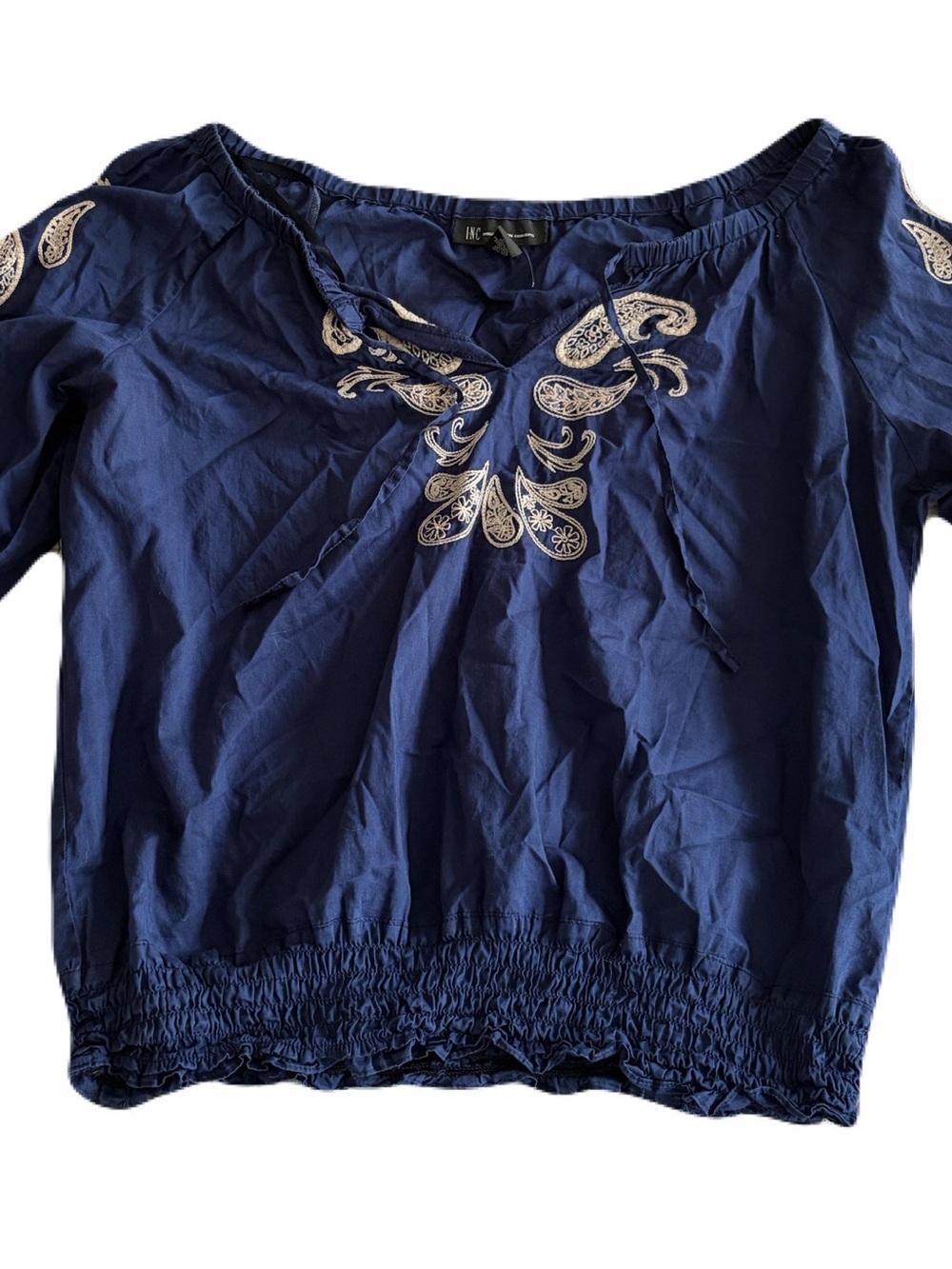INC International Concepts Navy Peasant Blouse with Cream Embroidery
